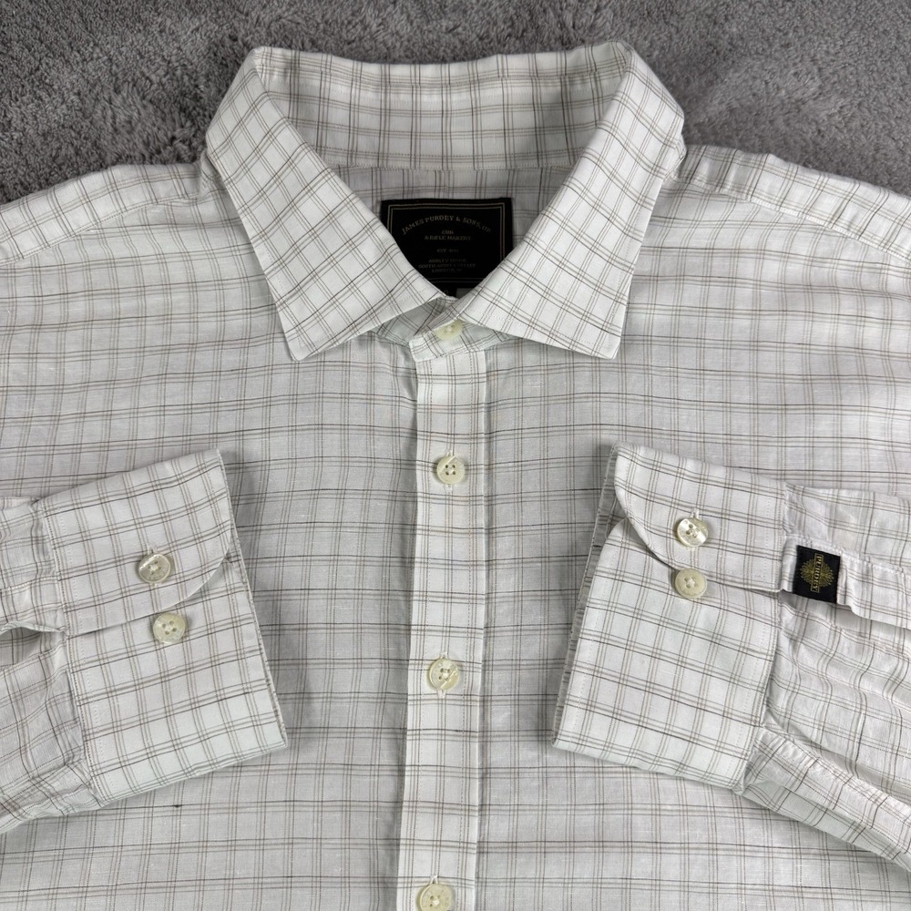 James Purdey & Sons Linen Shirt Mens 18 Beige Plaid Button Up Luxury England